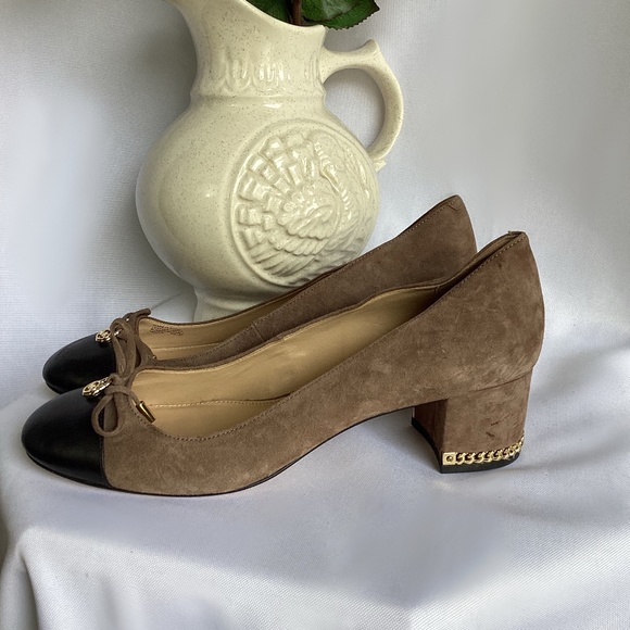 Michael by Michael Kors Taupe Suede Mid-Heel Pumps with Black Toe Detail and Bow - Picture 4 of 4
